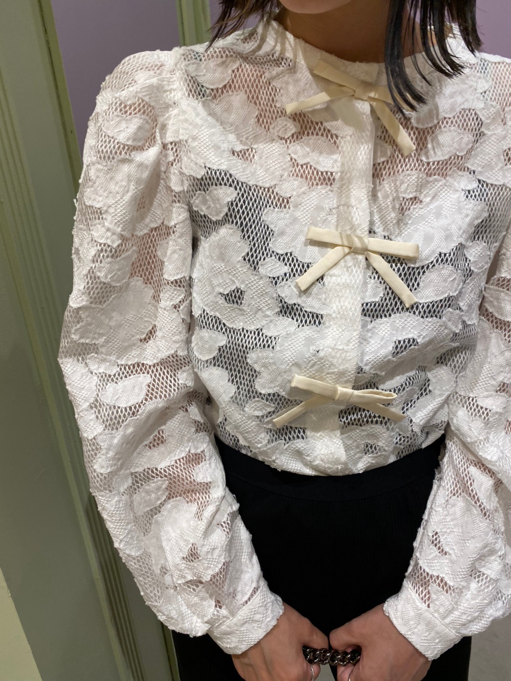 Honey Mi Honey (ハニーミーハニー）jacquard Organdie Ribbon Blouse