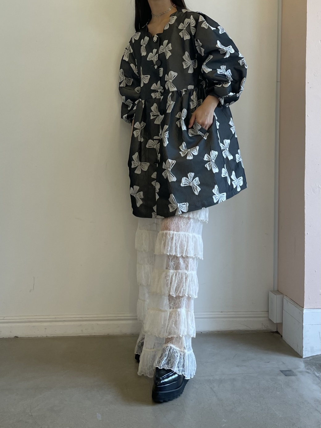 オープニングセール】 HONEYMIHONEY ribbon jacquard coat ミニ