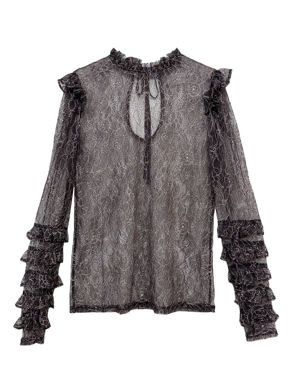 sheer frill black lace tops